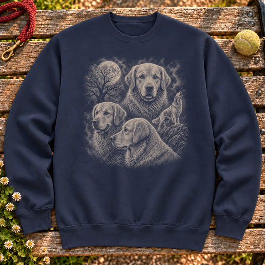 Golden Retriever 90s Moon design on a Navy crewneck sweatshirt shown flat