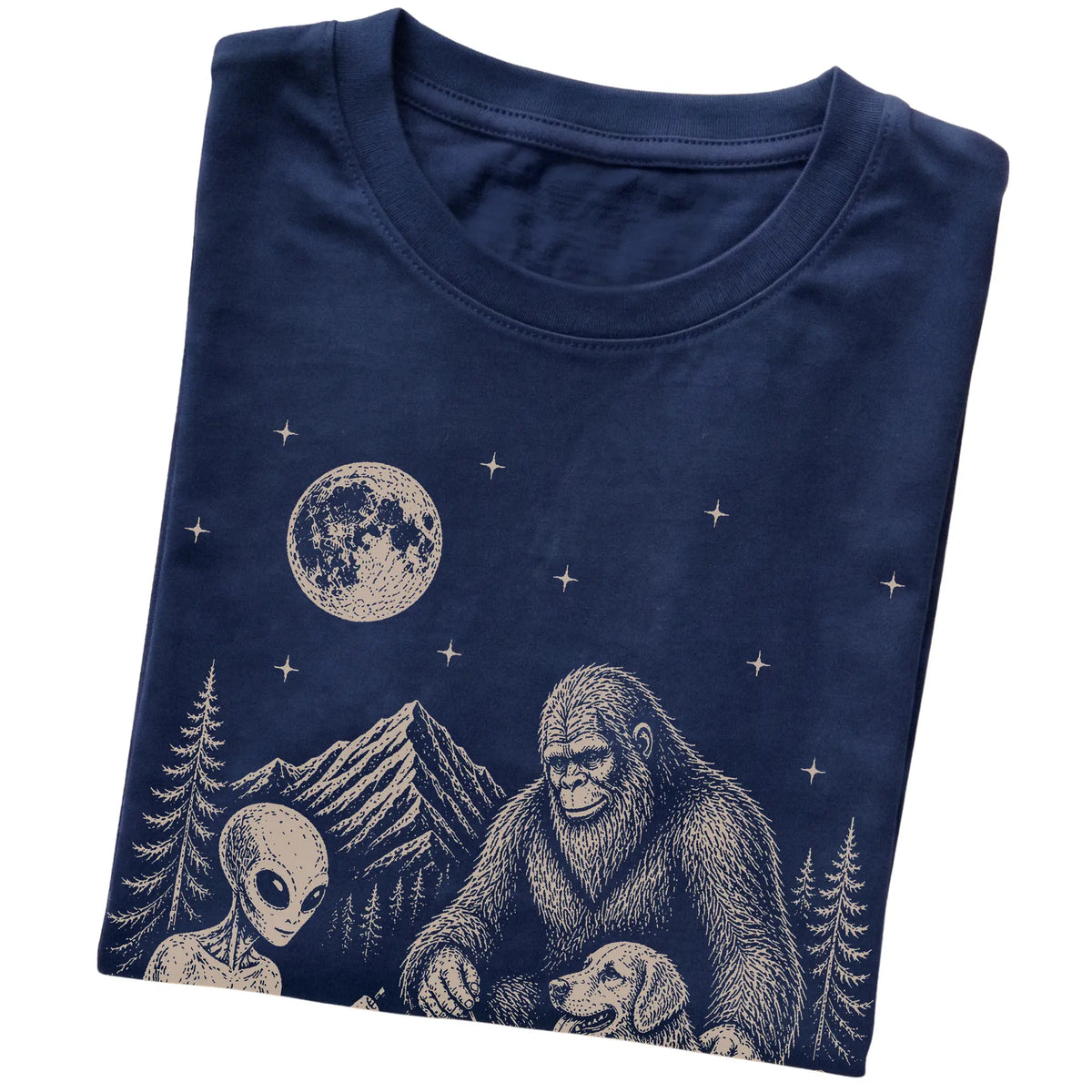 Navy Golden Retriever Camping with Bigfoot and Alien folded detail view