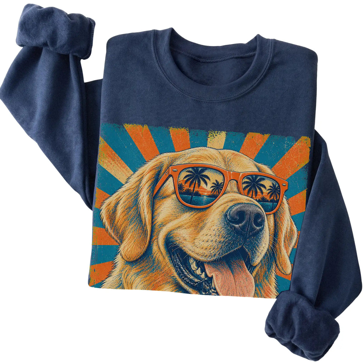 Folded Navy crewneck sweatshirt with a Retro Golden Retriever Dad design