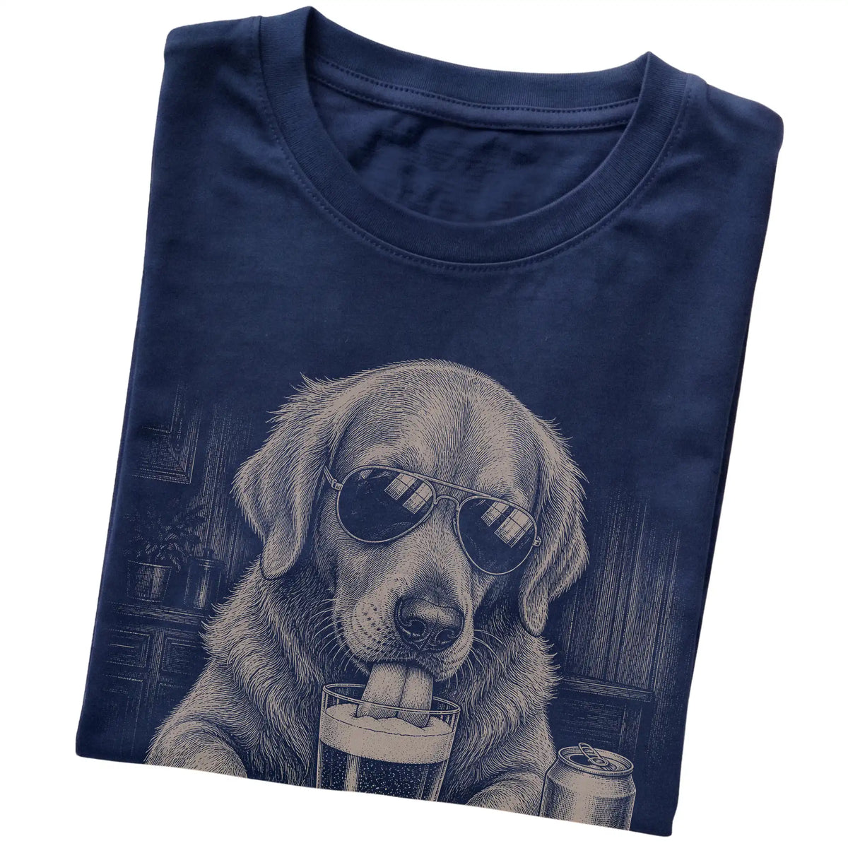 Navy Golden Retriever drinking from a pint at a bar, folded detail view