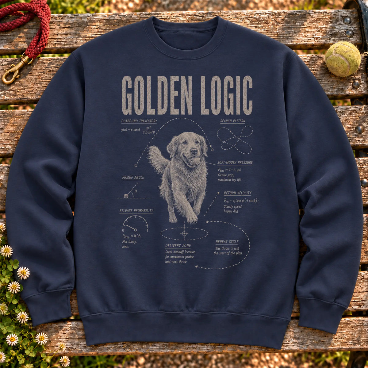 Golden Retriever Logic on a Navy crewneck sweatshirt, shown flat
