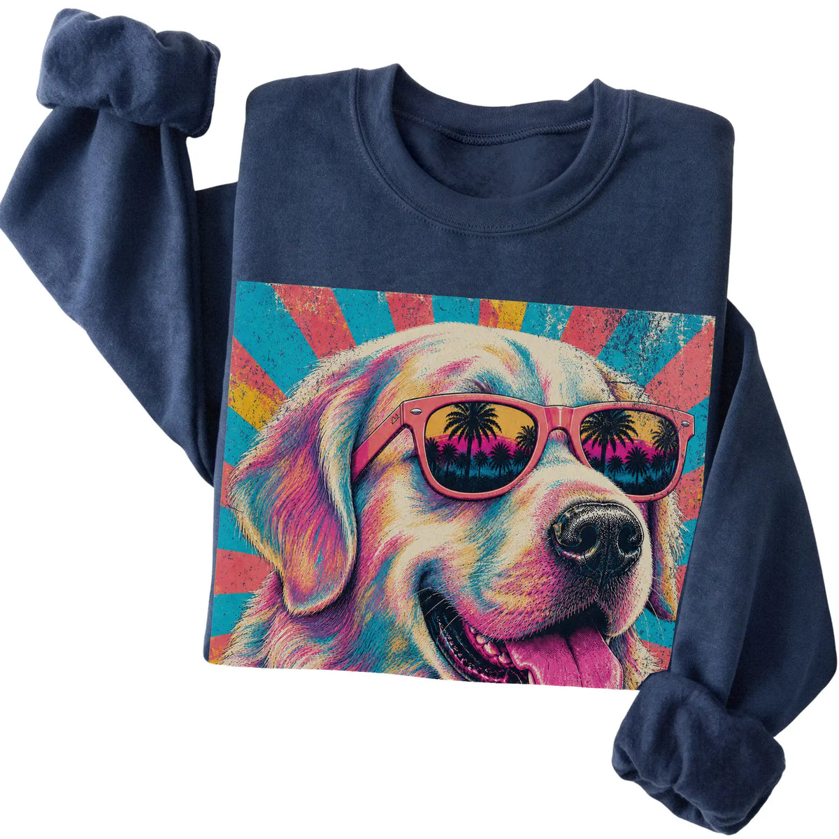 Folded Navy crewneck sweatshirt with a Retro Golden Retriever Mama design