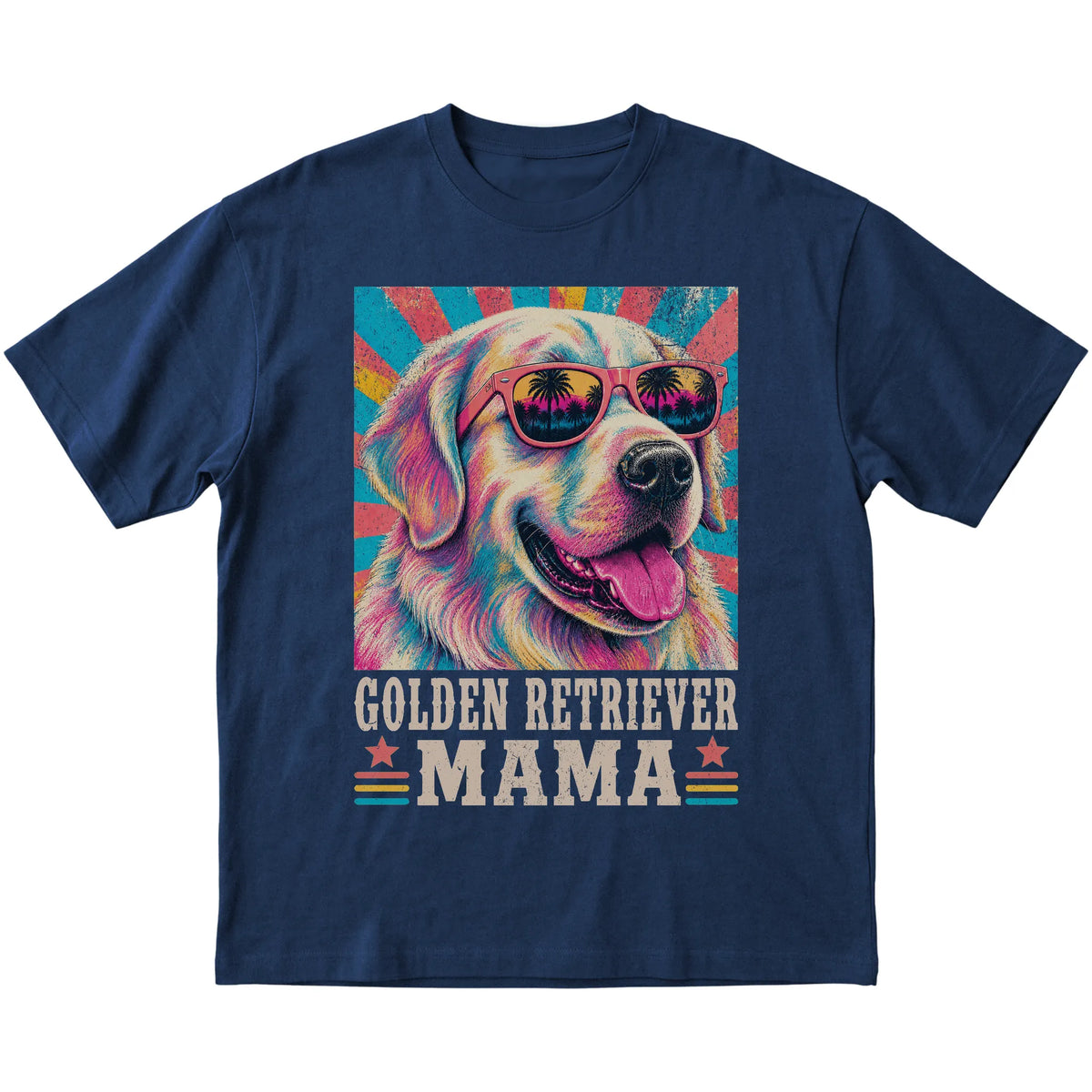 Retro Golden Retriever Mama design on a Navy softstyle T-shirt