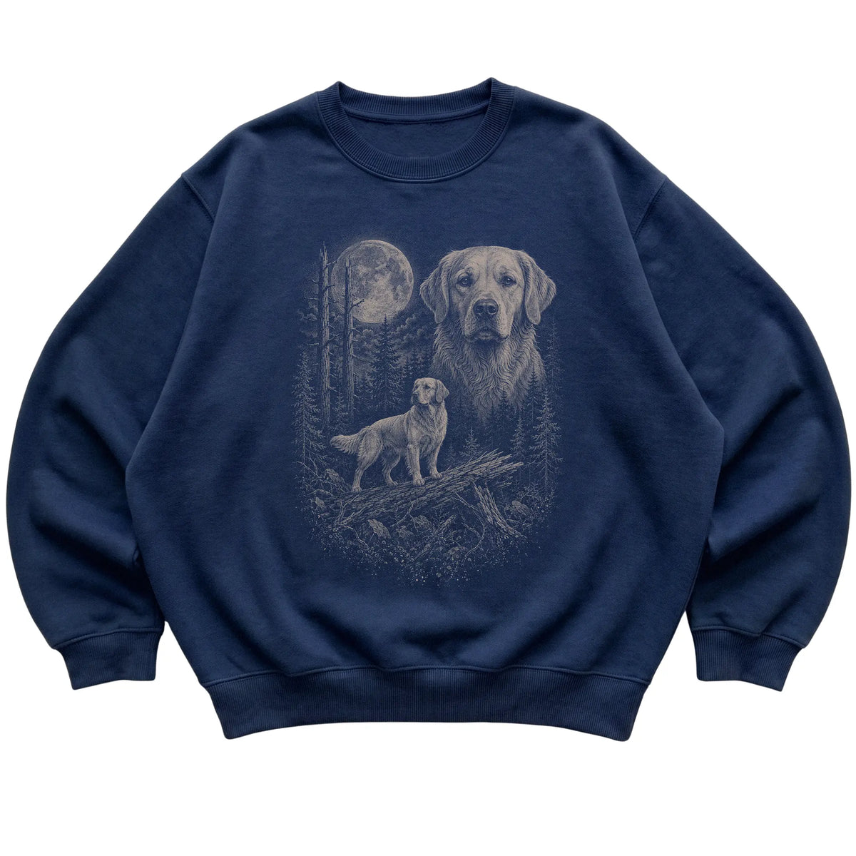 Golden Retriever Moonlit Forest graphic on a navy crewneck sweatshirt laid flat