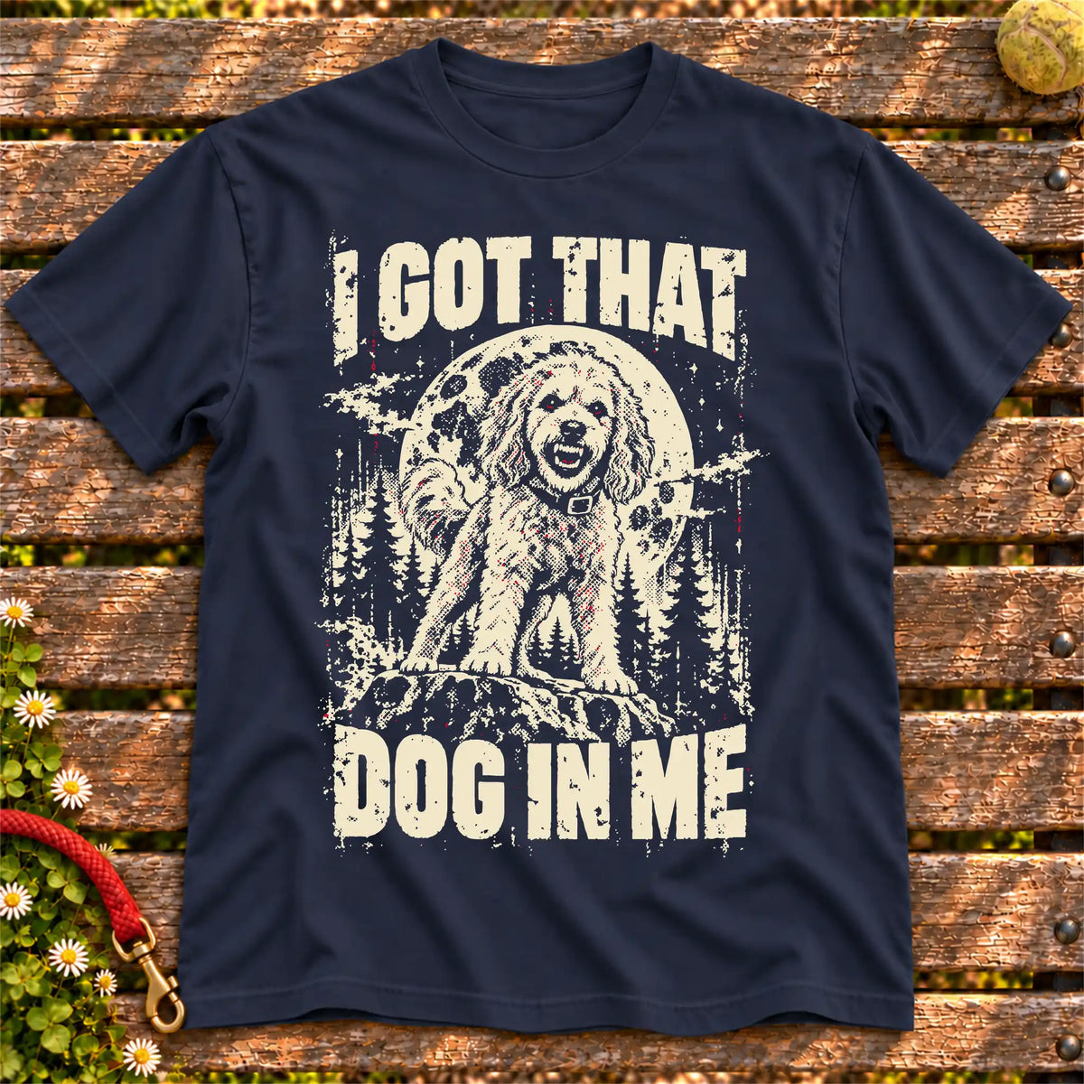 Navy Goldendoodle I Got That Dog in Me T-shirt, full garment view