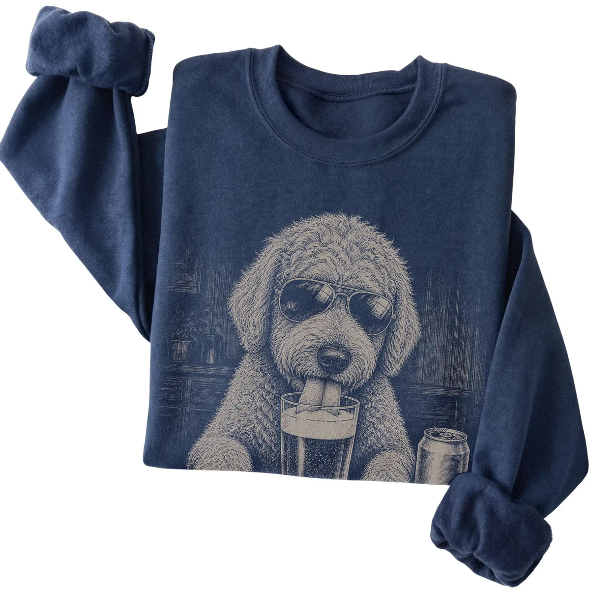 Navy Goldendoodle drinking from a pint at a bar, folded detail view