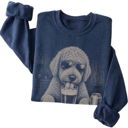 Navy Goldendoodle drinking from a pint at a bar, folded detail view