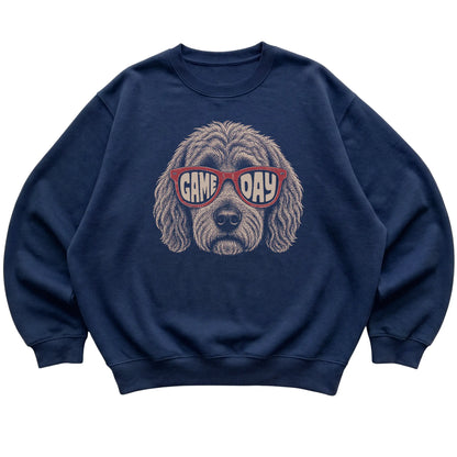 Navy Goldendoodle Game Day Sunglasses sweatshirt, laid flat