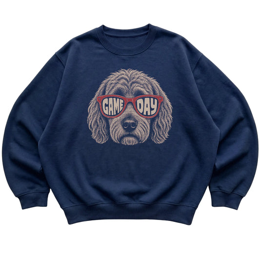 Navy Goldendoodle Game Day Sunglasses sweatshirt, laid flat