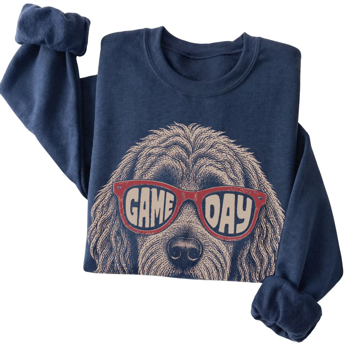 Navy Goldendoodle Game Day Sunglasses sweatshirt, folded