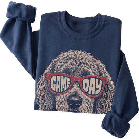 Navy Goldendoodle Game Day Sunglasses sweatshirt, folded