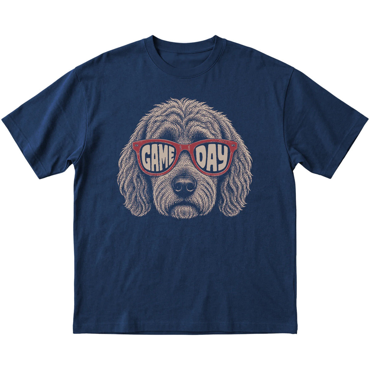 Navy Goldendoodle Game Day Sunglasses T-shirt, laid flat