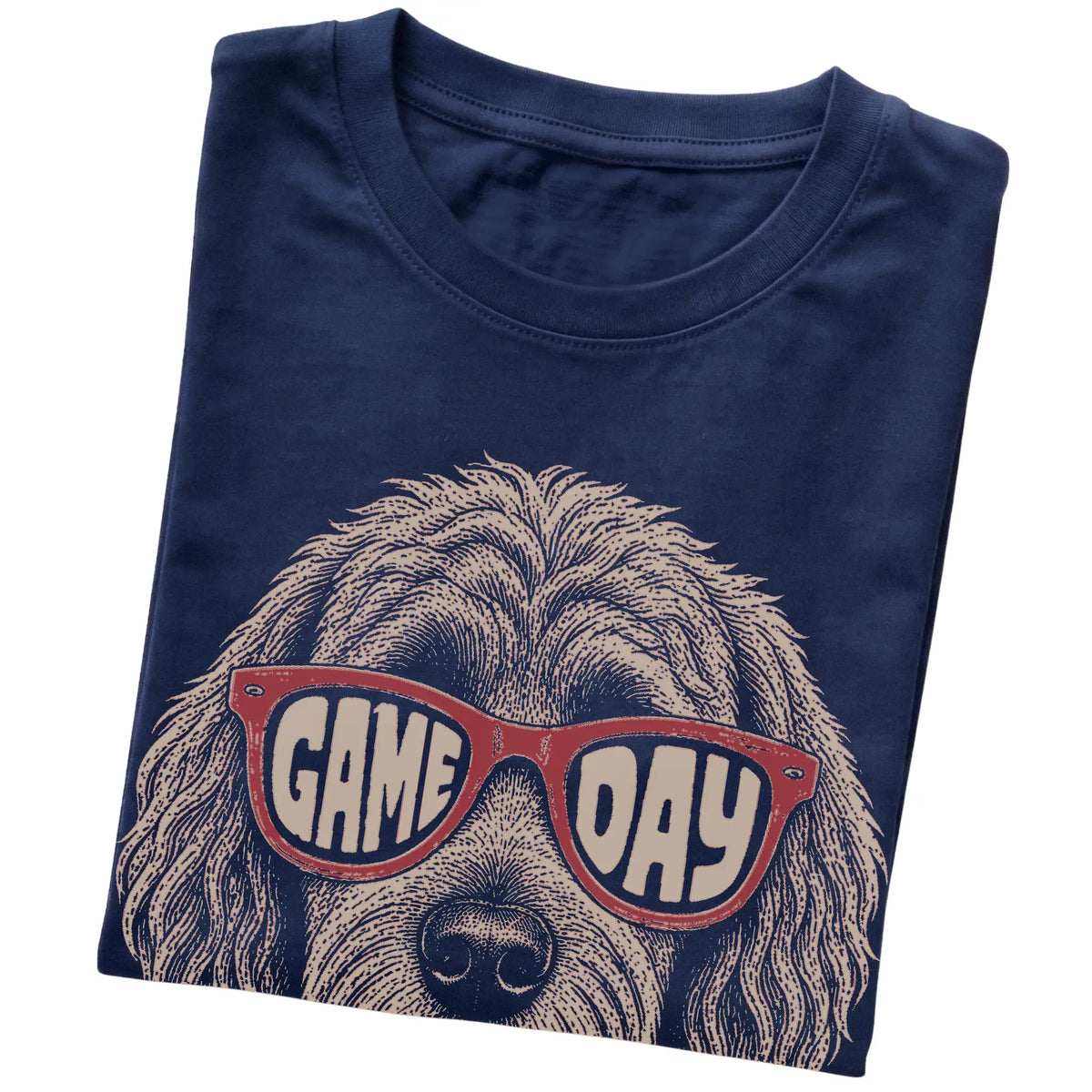 Navy Goldendoodle Game Day Sunglasses T-shirt, folded
