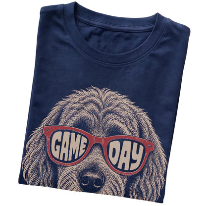 Navy Goldendoodle Game Day Sunglasses T-shirt, folded