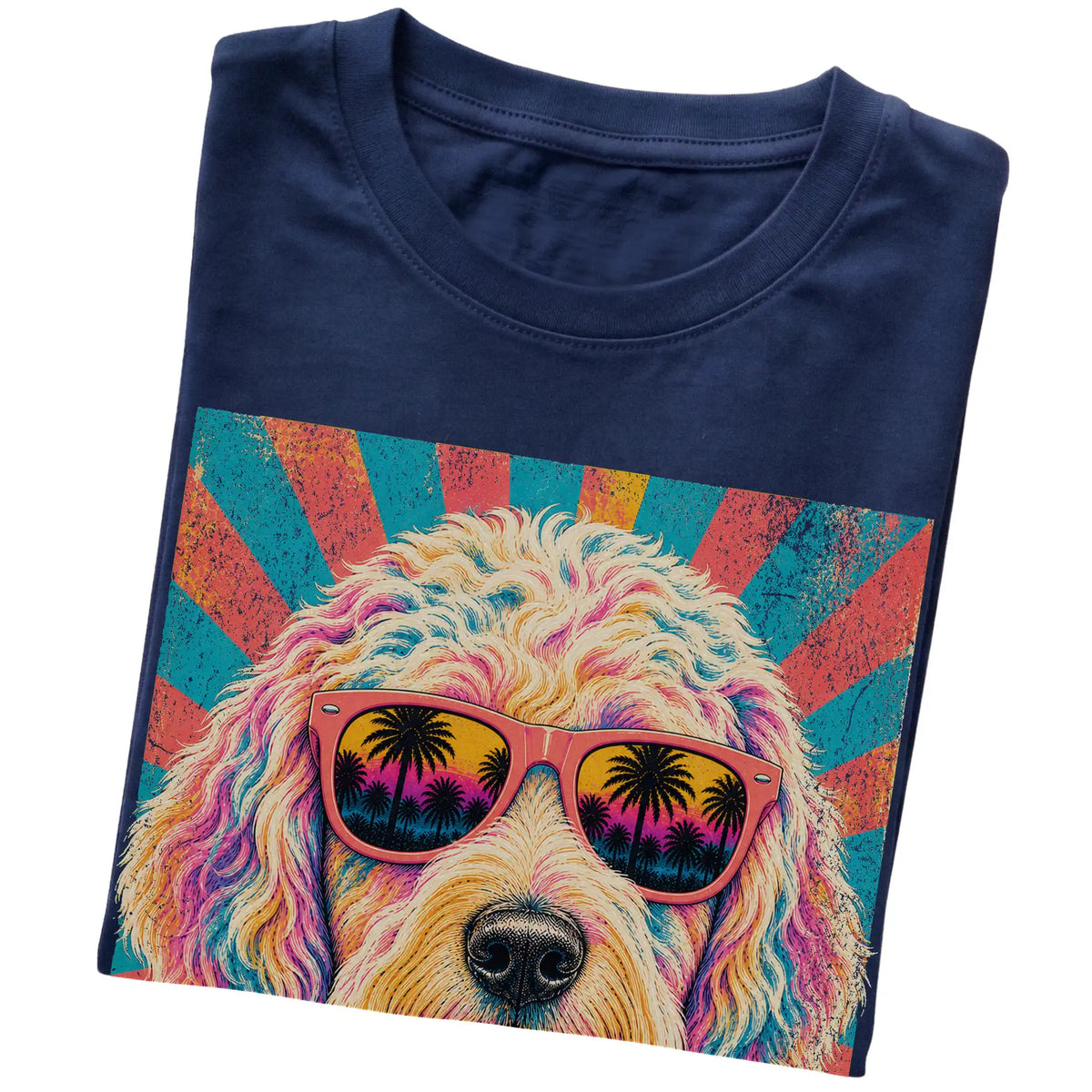 Folded Navy softstyle T-shirt with a Retro Goldendoodle Mama design