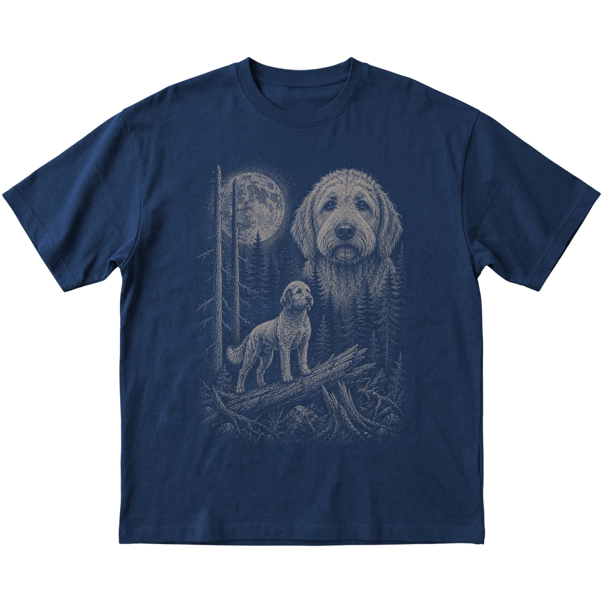 Goldendoodle Moonlit Forest graphic on a navy Softstyle T-shirt laid flat