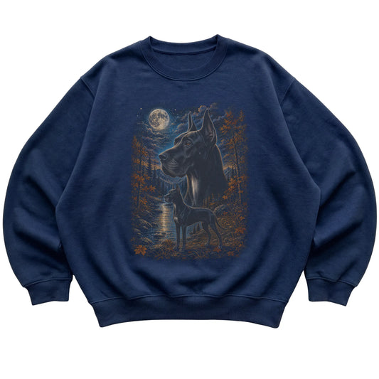 navy sweatshirt with Great Dane Autumn Moon artwork.
