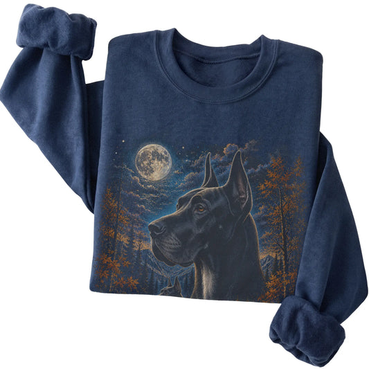 Folded navy sweatshirt with Great Dane Autumn Moon artwork.