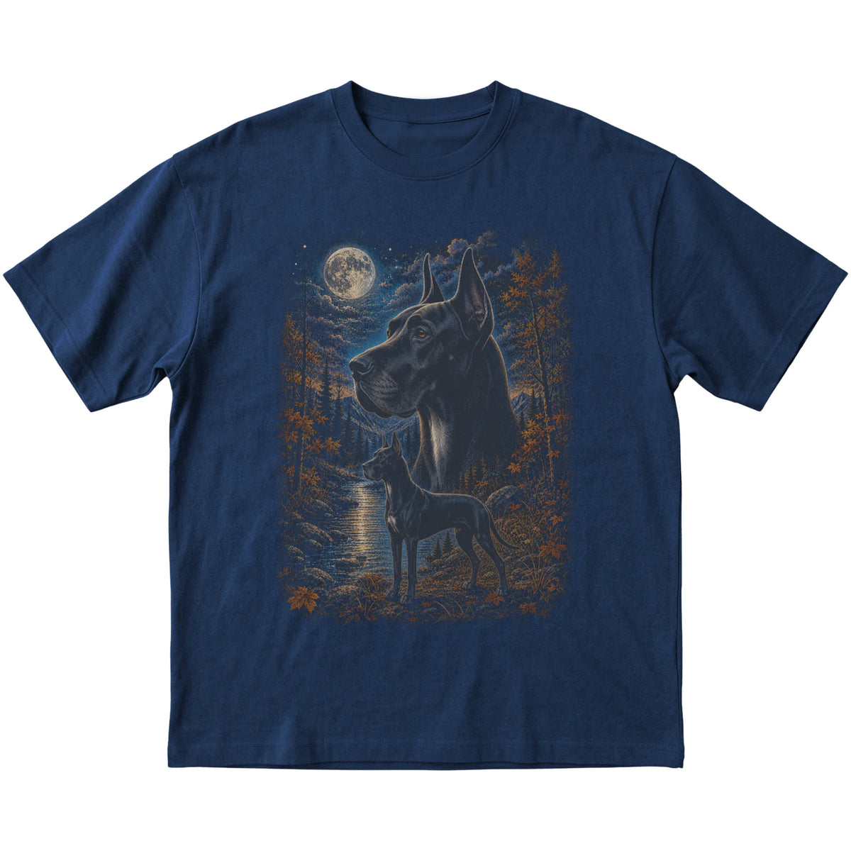 navy T-shirt with Great Dane Autumn Moon artwork.