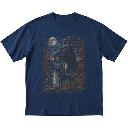 navy T-shirt with Great Dane Autumn Moon artwork.
