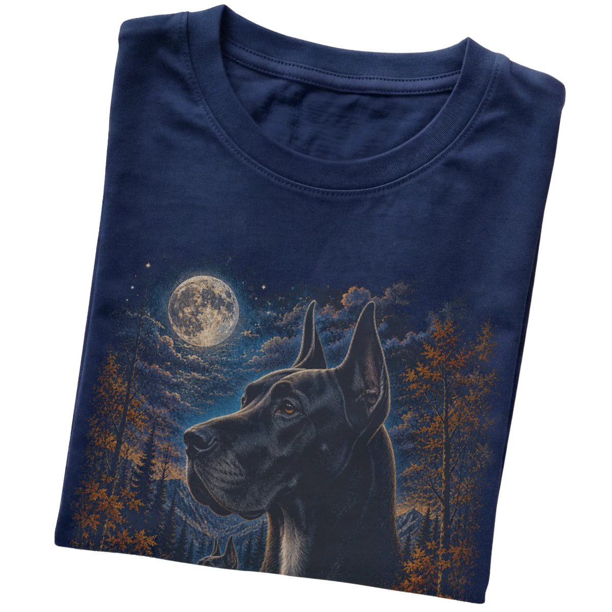 Folded navy T-shirt with Great Dane Autumn Moon artwork.