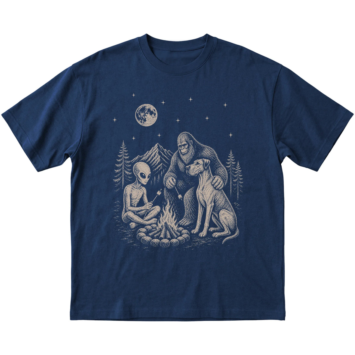 Navy Great Dane Camping with Bigfoot and Alien shirt laid flat