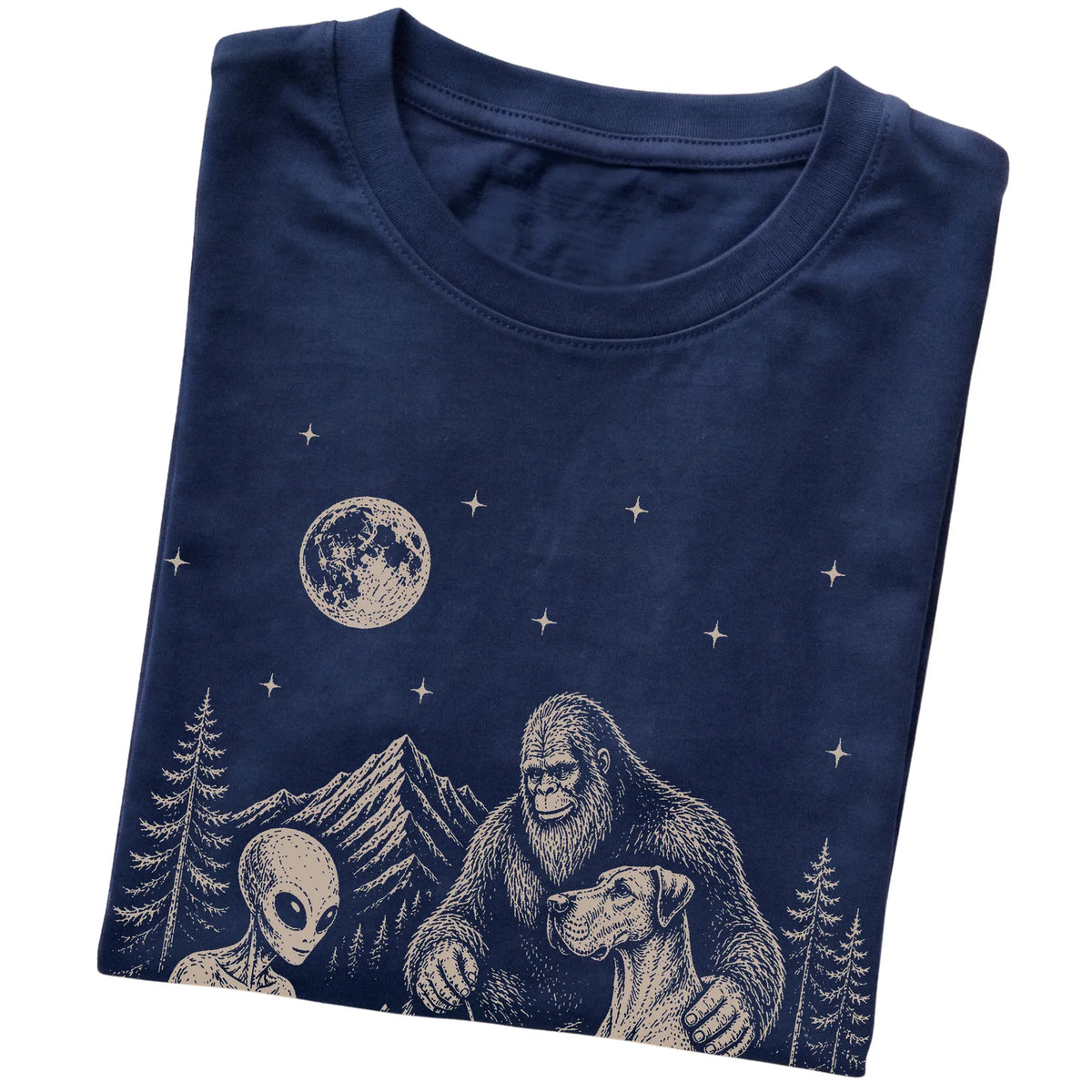 Navy Great Dane Camping with Bigfoot and Alien folded detail view