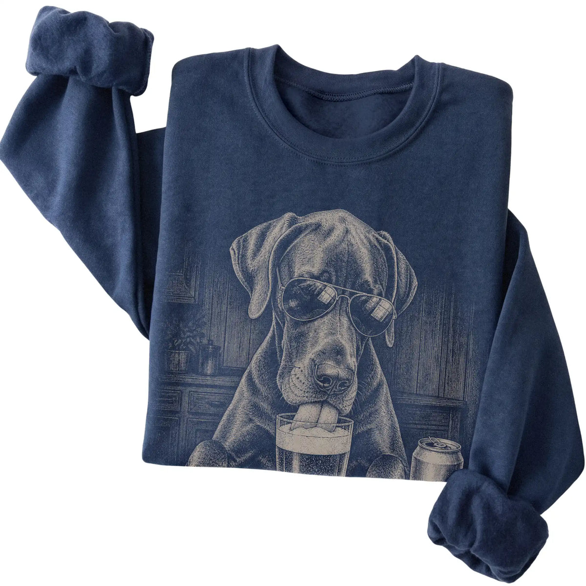 Navy Great Dane drinking from a pint at a bar, folded detail view