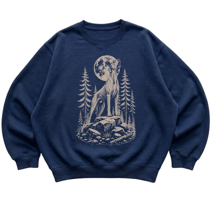 Close view of Great Dane Howling at the Moon artwork on Navy crewneck sweatshirt