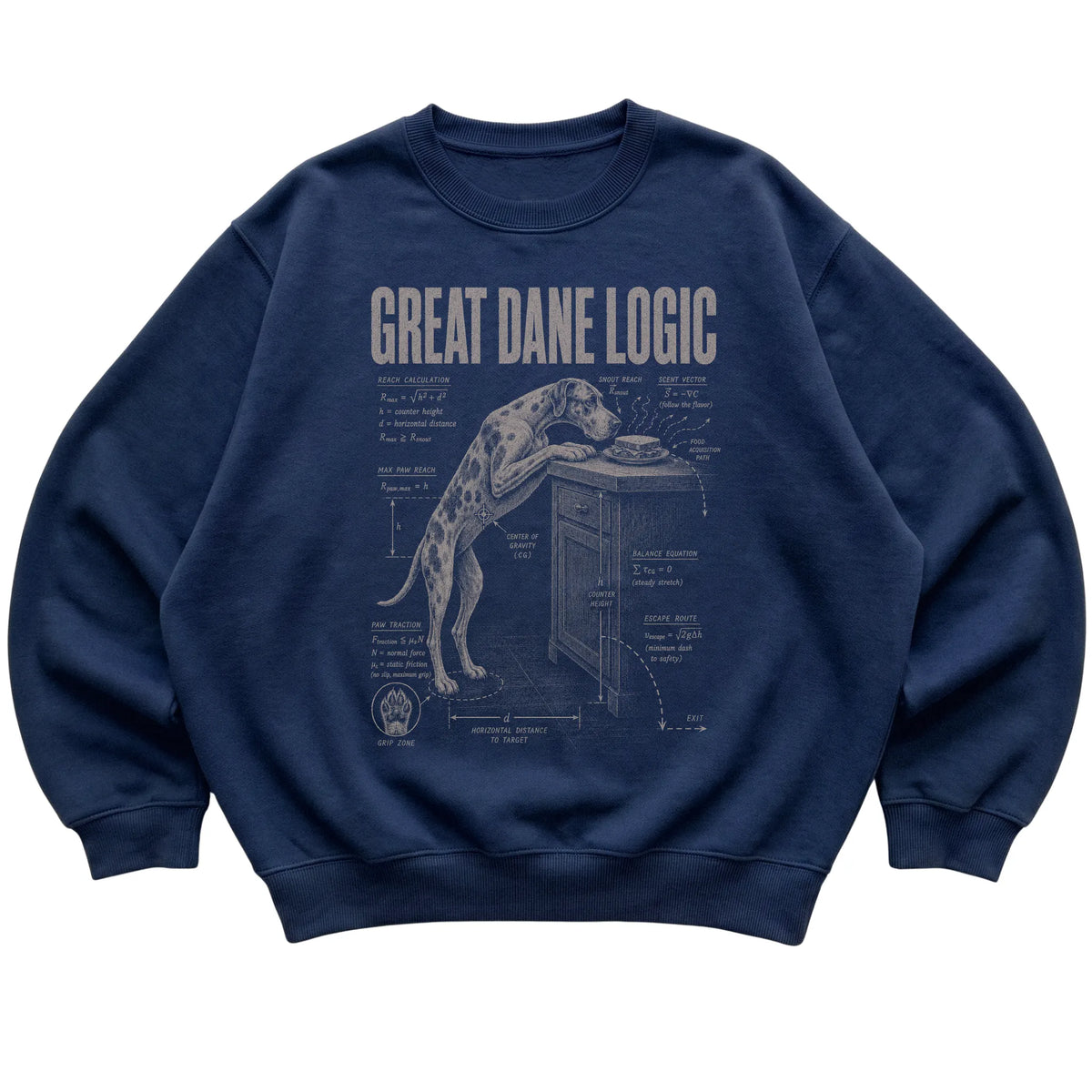 Navy Great Dane Logic sweatshirt laid flat