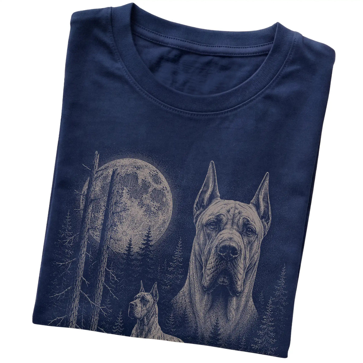 Folded navy Softstyle T-shirt showing the Great Dane Moonlit Forest graphic