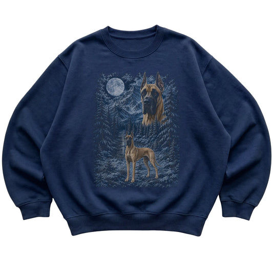 navy sweatshirt with Great Dane Winter Moon artwork.