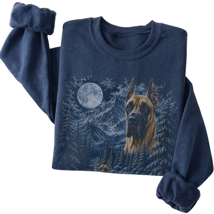 Folded navy sweatshirt with Great Dane Winter Moon artwork.