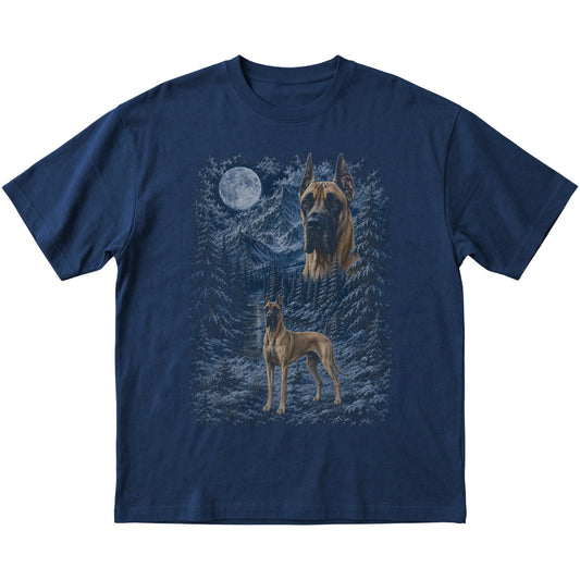 navy T-shirt with Great Dane Winter Moon artwork.