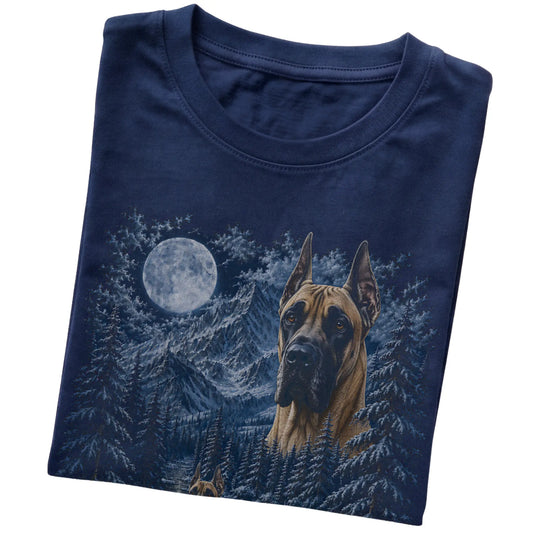 Folded navy T-shirt with Great Dane Winter Moon artwork.