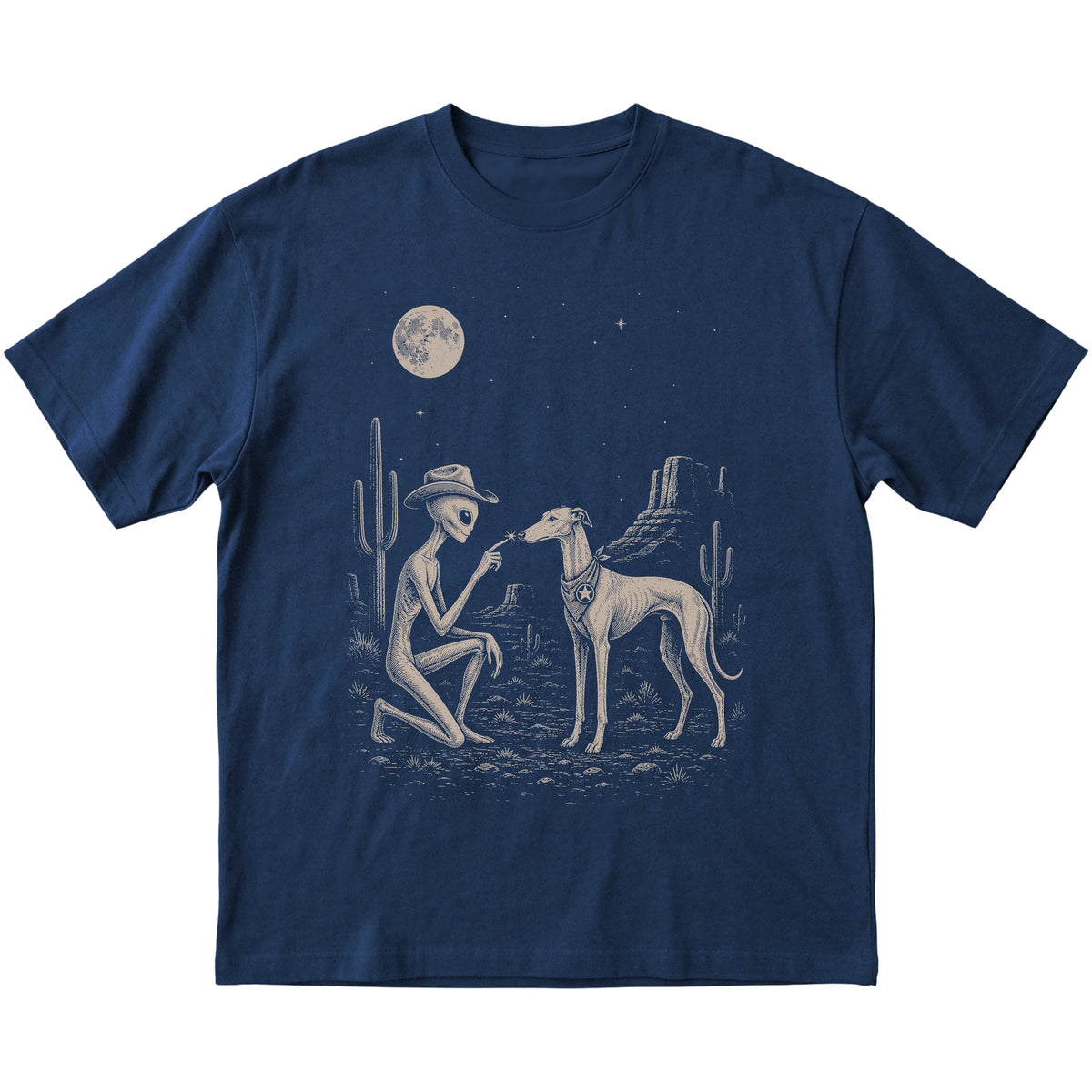 Navy T-shirt featuring Greyhound Cowboy and Alien, laid-flat presentation