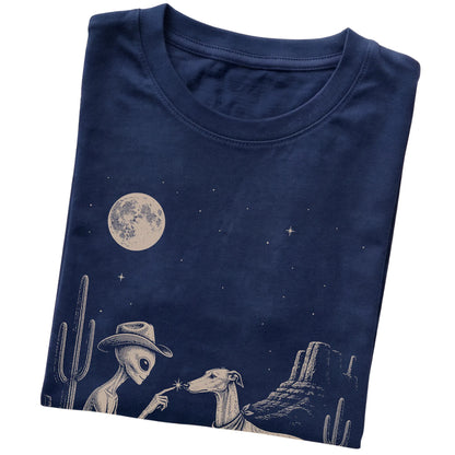 Navy T-shirt featuring Greyhound Cowboy and Alien, folded presentation