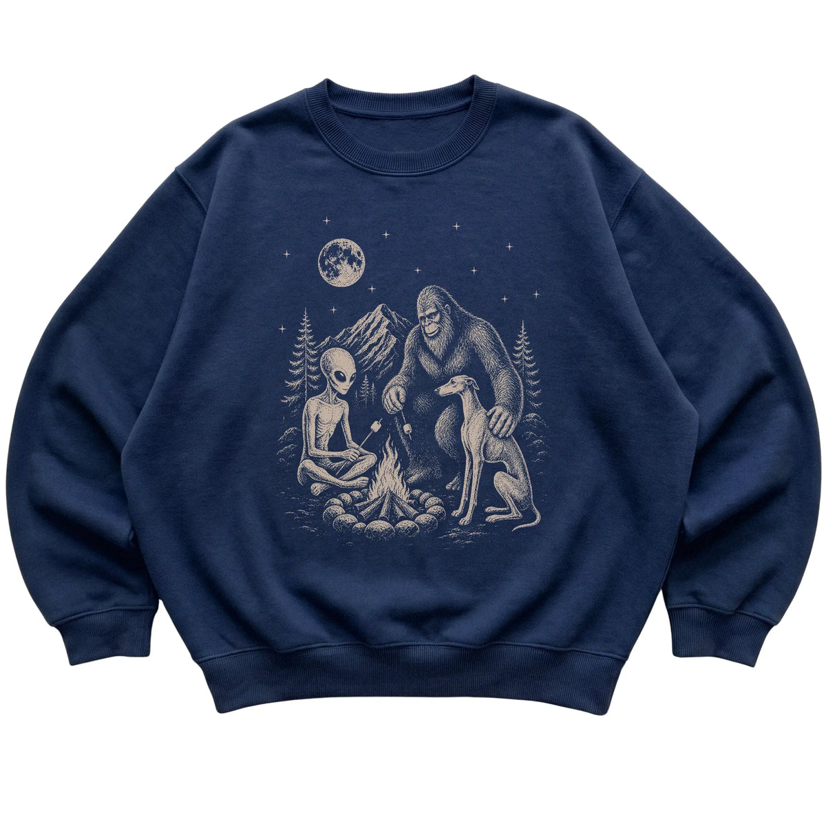 Navy Greyhound Camping with Bigfoot and Alien shirt laid flat