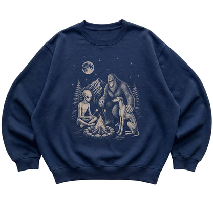 Navy Greyhound Camping with Bigfoot and Alien shirt laid flat