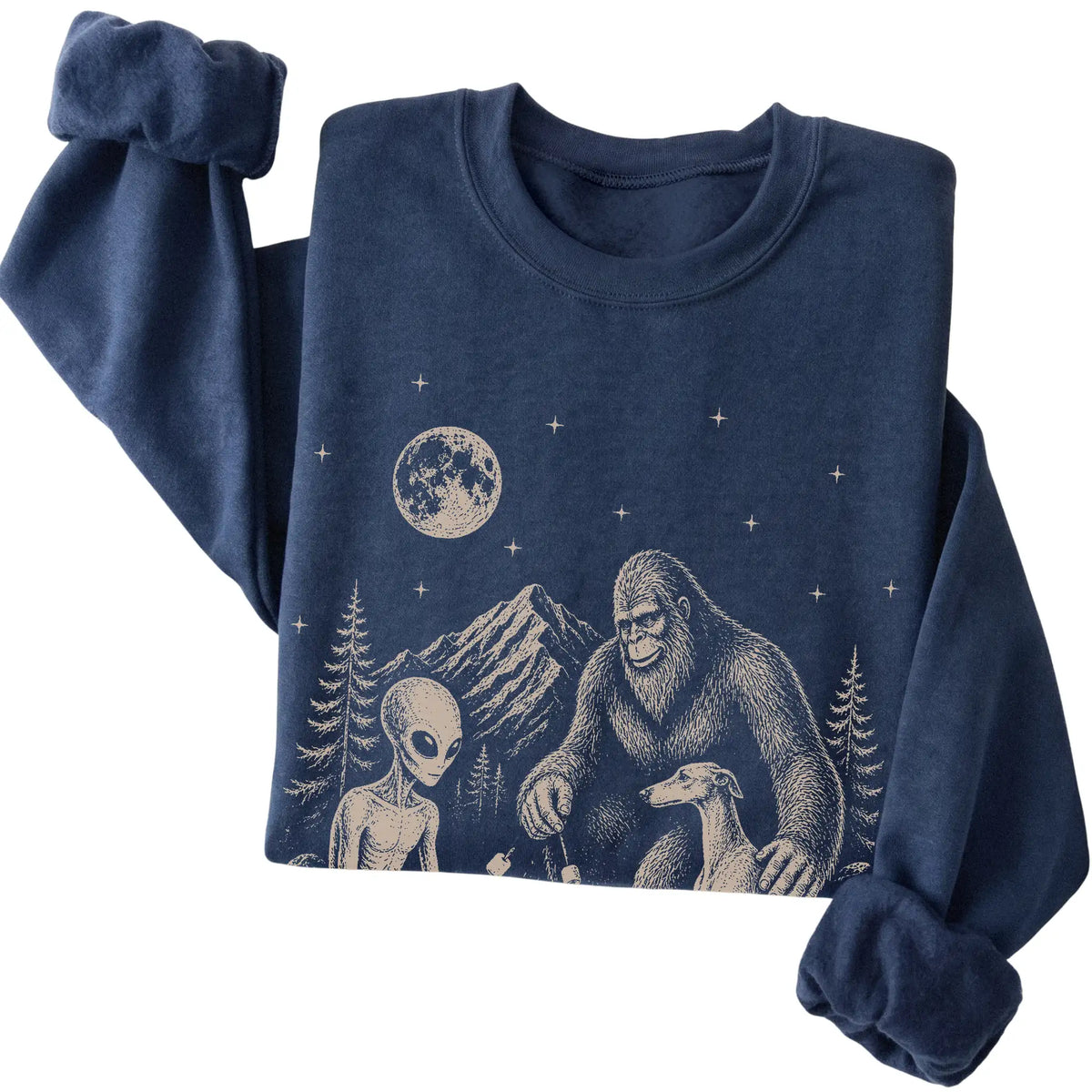 Navy Greyhound Camping with Bigfoot and Alien folded detail view