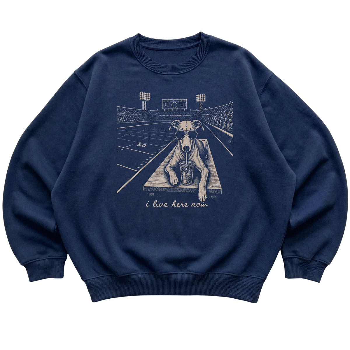 Navy Greyhound Football Tailgate sweatshirt, laid flat