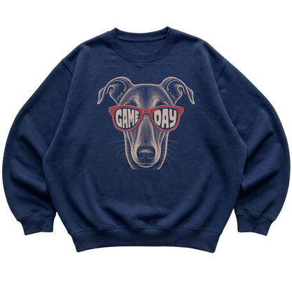 Navy Greyhound Game Day Sunglasses sweatshirt, laid flat