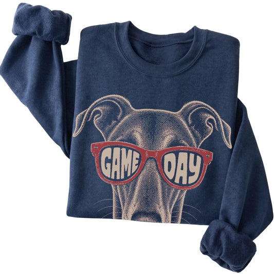 Navy Greyhound Game Day Sunglasses sweatshirt, folded