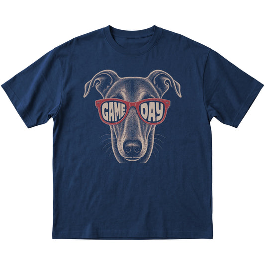 Navy Greyhound Game Day Sunglasses T-shirt, laid flat