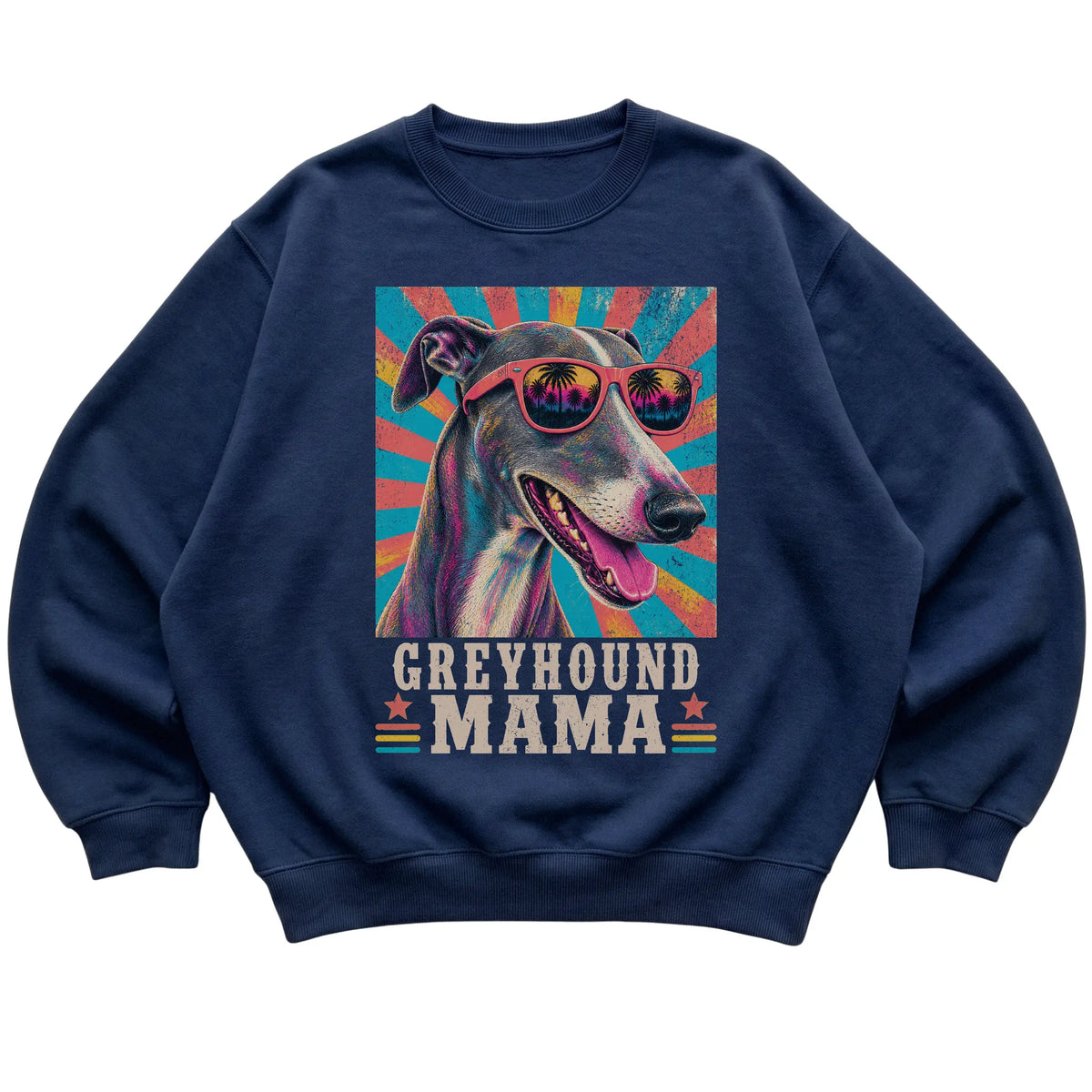 Retro Greyhound Mama design on a Navy crewneck sweatshirt