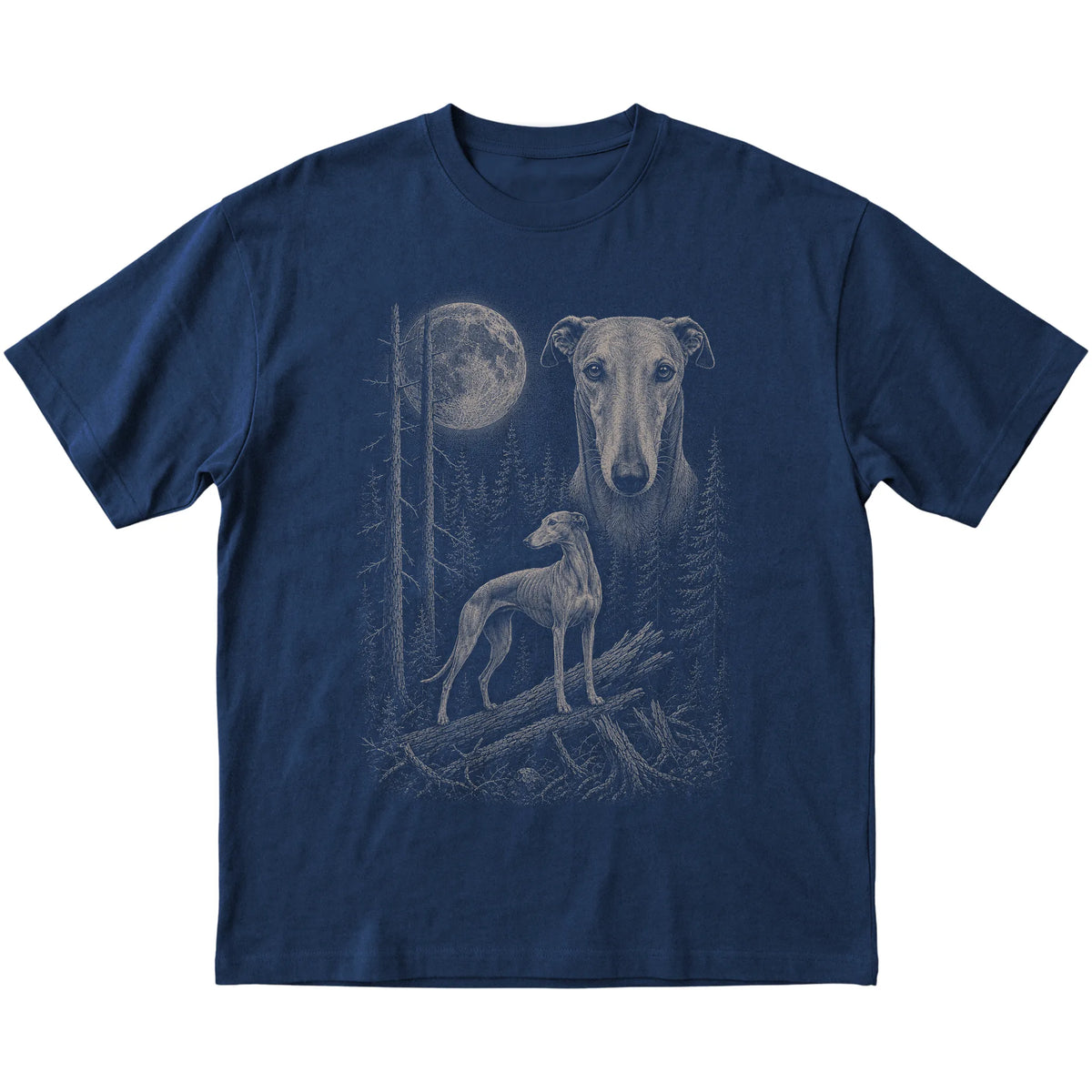 Greyhound Moonlit Forest graphic on a navy Softstyle T-shirt laid flat