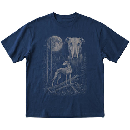 Greyhound Moonlit Forest graphic on a navy Softstyle T-shirt laid flat