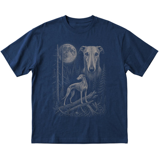 Greyhound Moonlit Forest graphic on a navy Softstyle T-shirt laid flat