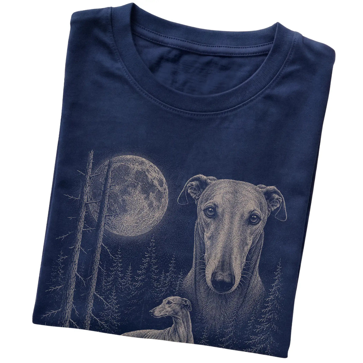 Folded navy Softstyle T-shirt showing the Greyhound Moonlit Forest graphic