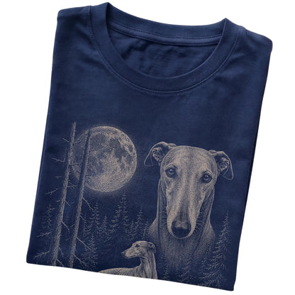 Folded navy Softstyle T-shirt showing the Greyhound Moonlit Forest graphic